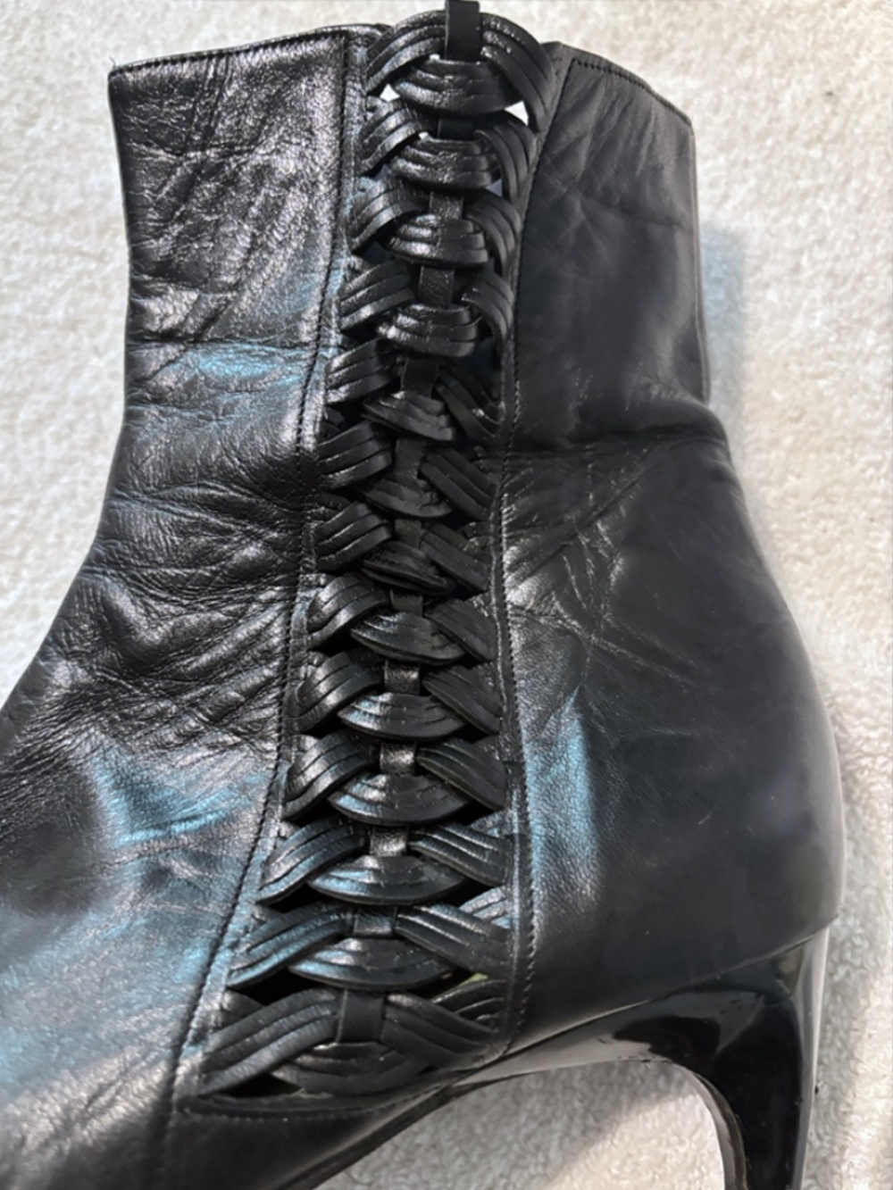 Vintage Italian Leather Pointed Toe Ankle Boots | Woven Leather Detail